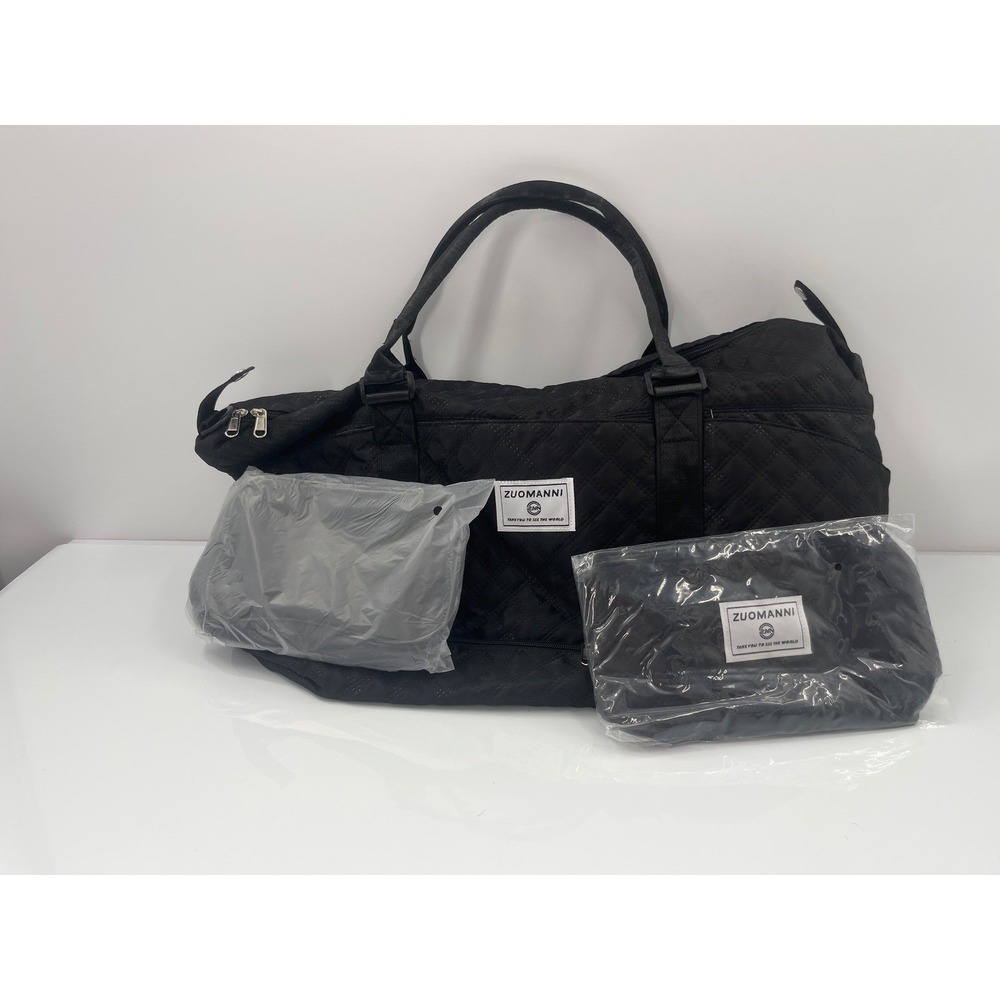 Zuomanni Black Quilted Duffel Bag 3 Piece Travel Set Weekend GymBag with Pouches
